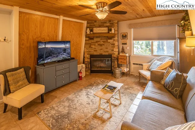 a living room with furniture a flat screen tv and a fireplace