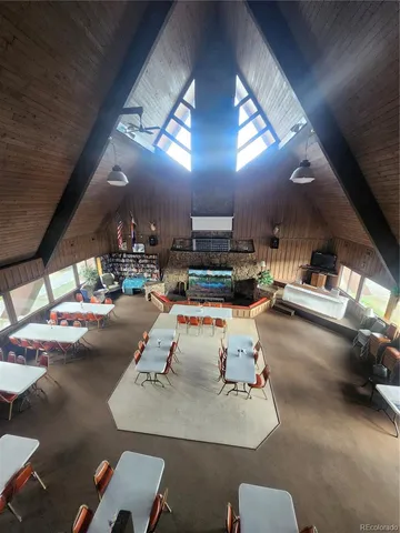 a living room with blue lights