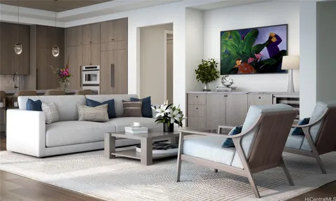 a living room with furniture and a painting on the wall