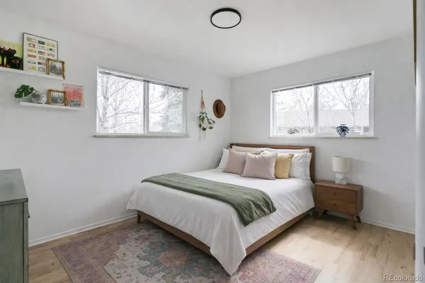 a bedroom with a bed and windows