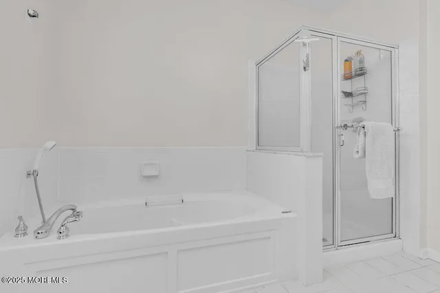 a bathroom with a bathtub and a shower