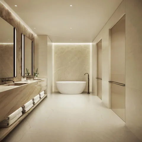 a bathroom with a bathtub and a sink