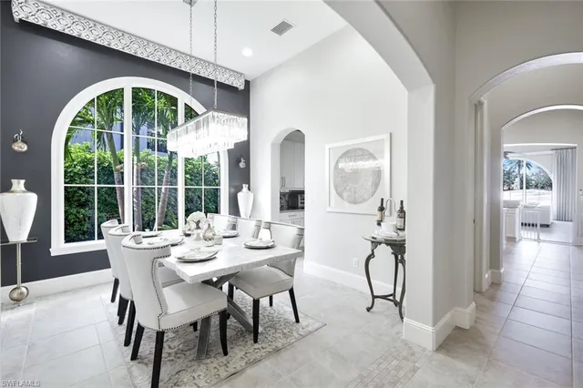 a view of a dining room with furniture window and outside view