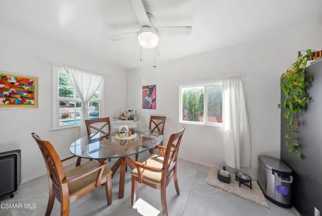a view of a dining room with furniture window and outside view