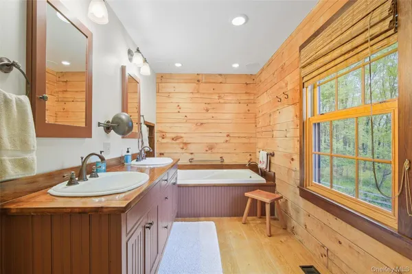a bathroom with a double vanity sink and a bathtub