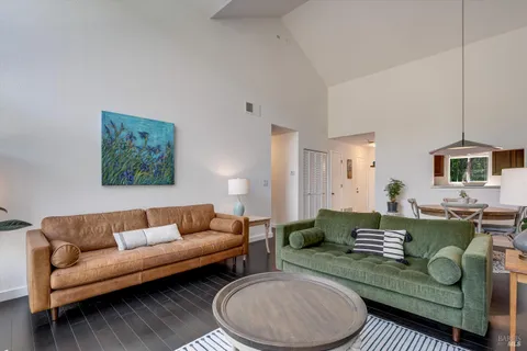 a living room with furniture a rug and a window