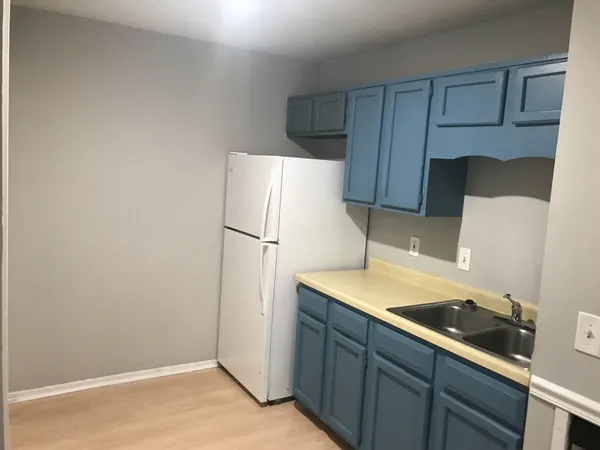 a kitchen with a sink and a refrigerator