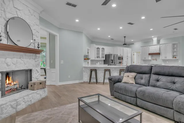 a living room with furniture and a fireplace