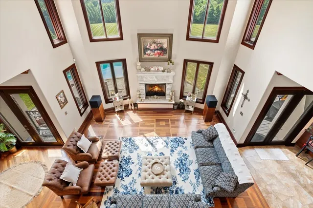 a bathroom with a glass shower door