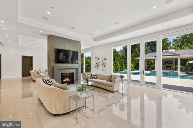 a living room with furniture a fireplace and a chandelier