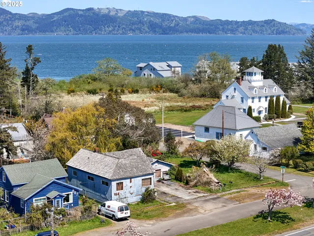 an aerial view of houses with a lake
