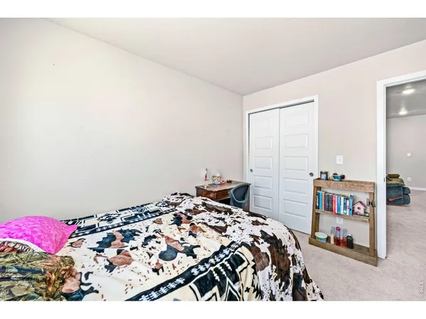 a bedroom with a bed and a closet