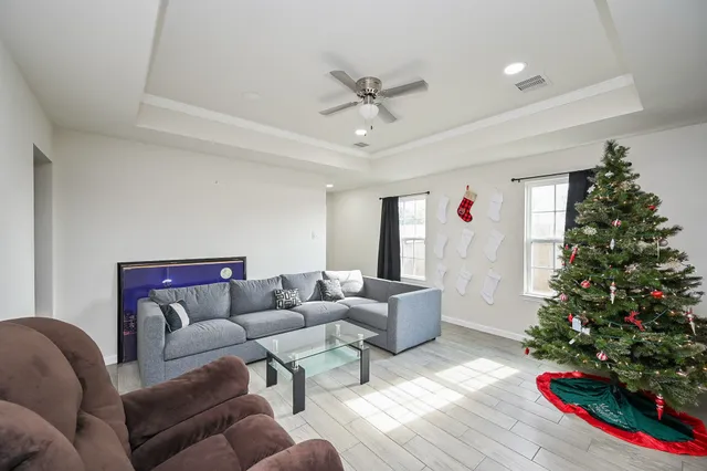a living room with furniture plant and a window
