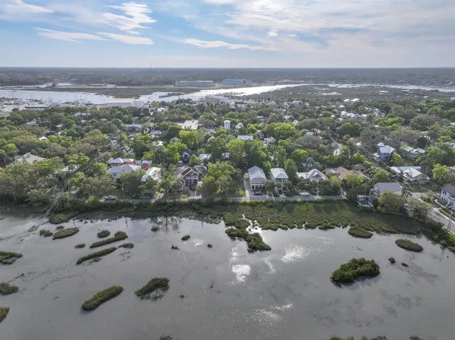 a view of a town with river and trees