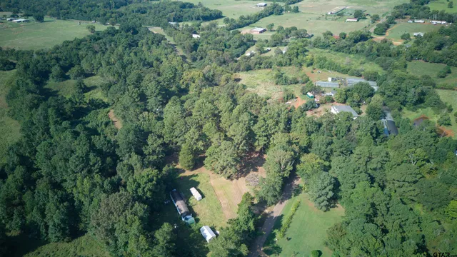 an aerial view of residential houses with outdoor space and trees