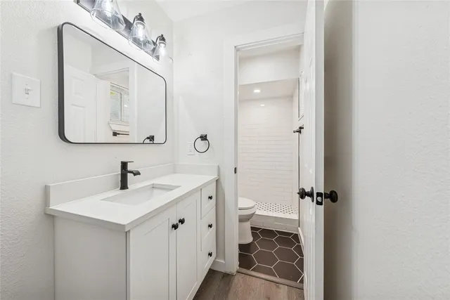 a bathroom with a sink mirror toilet and vanity