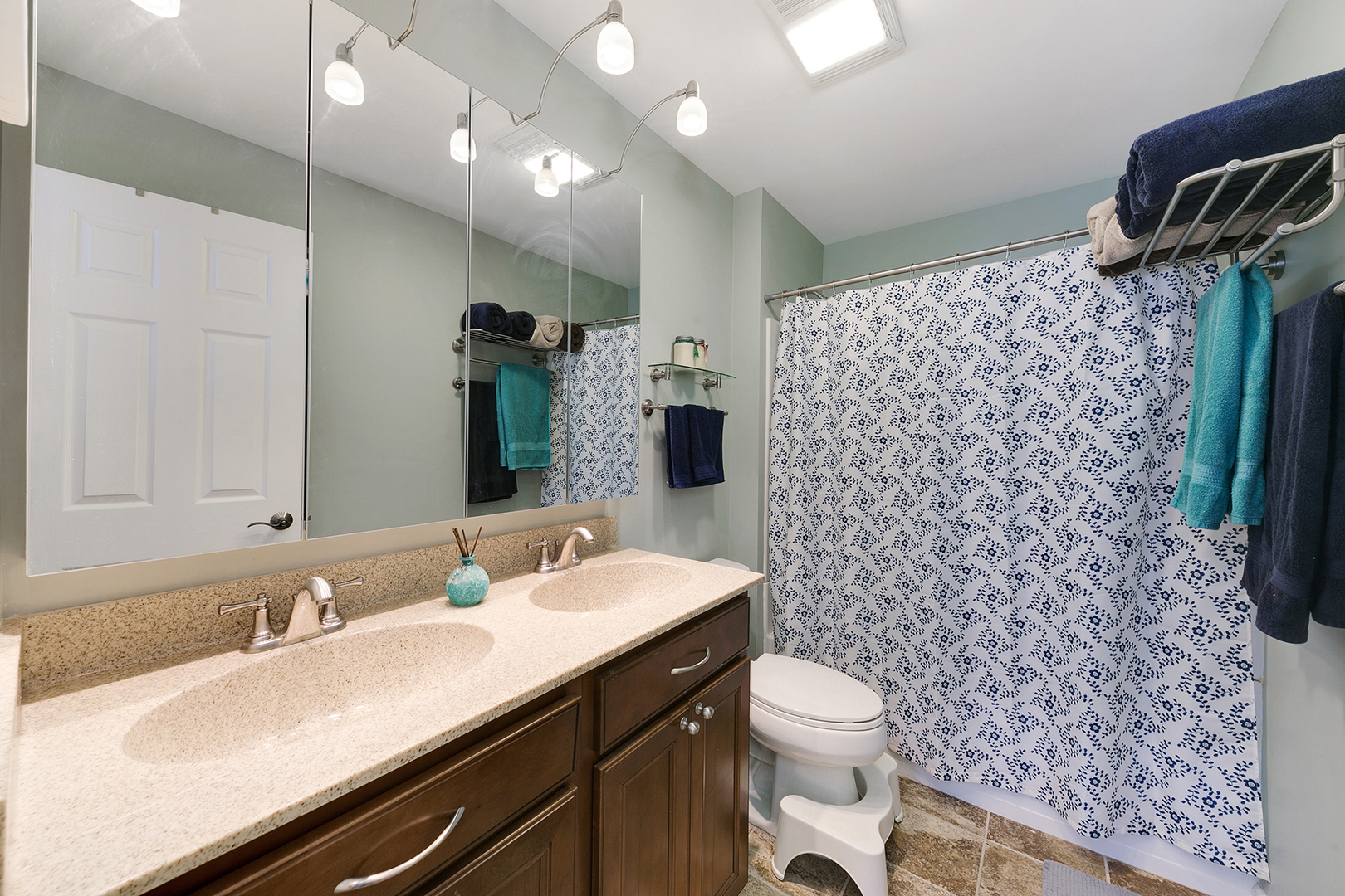 1488 McClure Road, Unit 1488 Aurora, IL 60505 - Photo 14 of 19 a bathroom with a sink a toilet a shower and a mirror