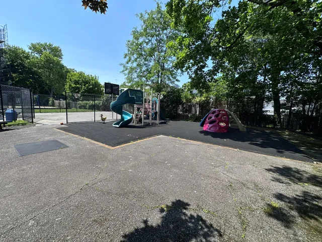 a view of a park with slide and a trees