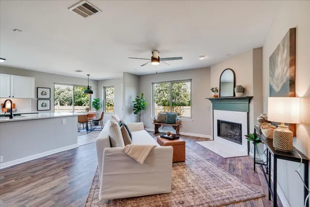 a living room with furniture and a fireplace