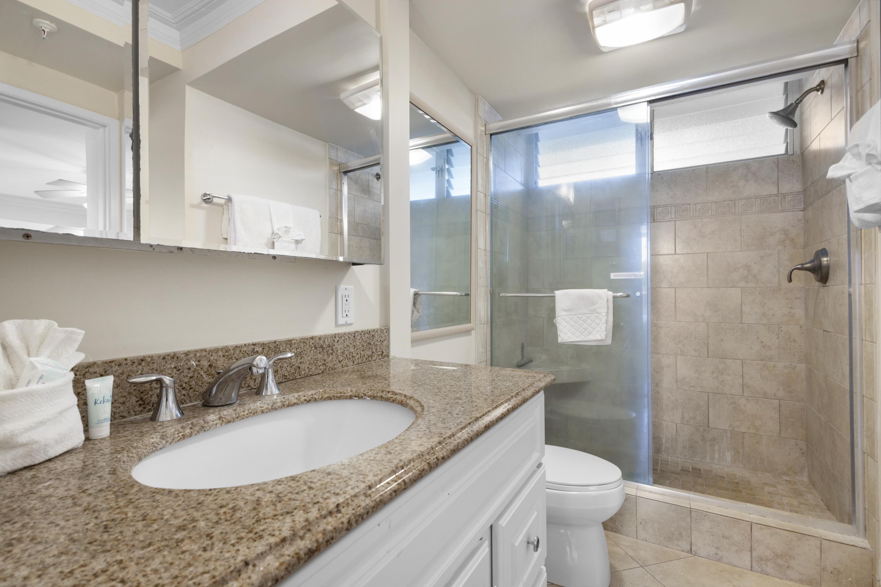 4365 Lower Honoapiilani Road, Unit 115 Lahaina, HI 96761 - Photo 22 of 44 a bathroom with a granite countertop sink a mirror a toilet and shower