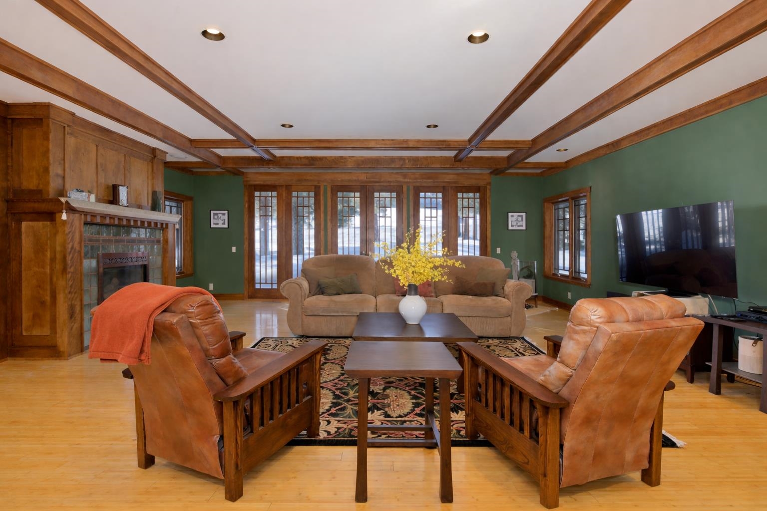 56 Wagon Road Mammoth Lakes, CA 93546 - Photo 42 of 56 Living room featuring a glass covered fireplace, beam ceiling, light wood-type flooring, and recessed lighting
