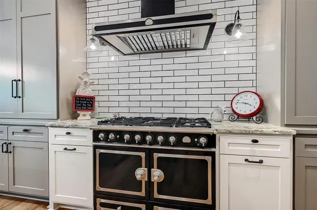a stove top oven sitting inside of a kitchen