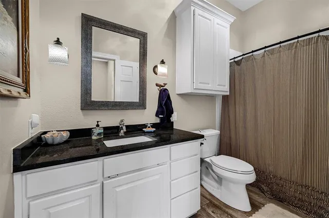 a bathroom with a granite countertop sink a toilet and a mirror