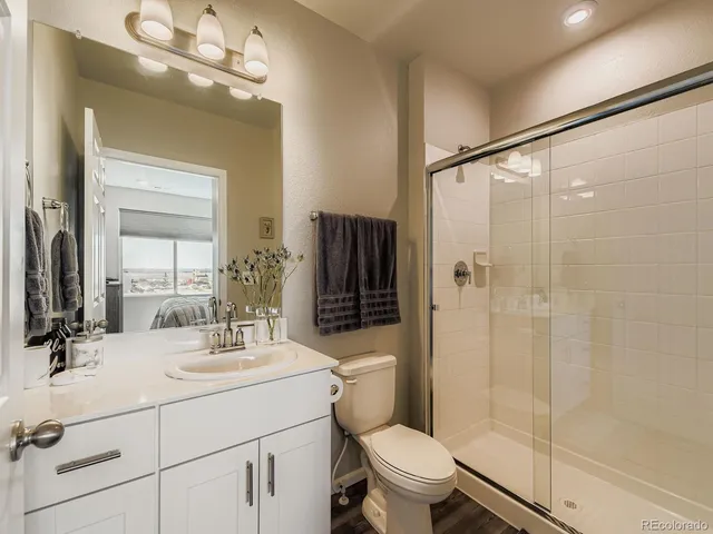 a bathroom with a sink a toilet a mirror and shower