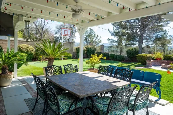 a view of a backyard with plants and a fountain
