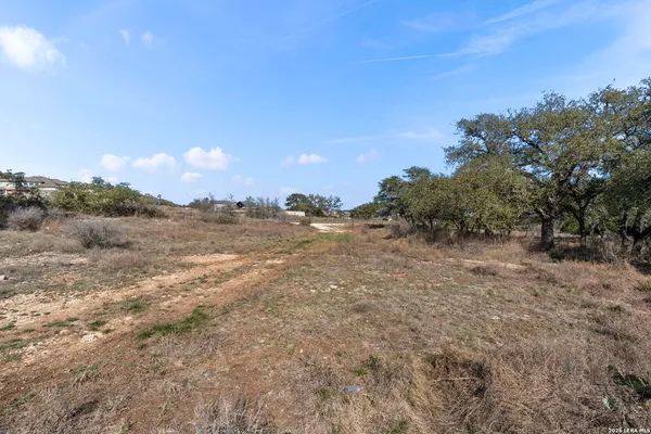 a view of a field with trees in background