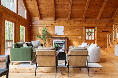 a fireplace with a wooden floor