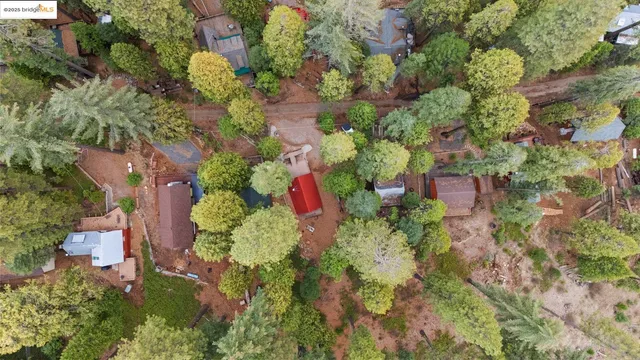 an aerial view of residential house with outdoor space and trees all around