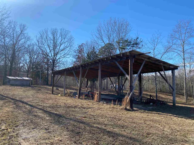 a view of backyard with small cabin