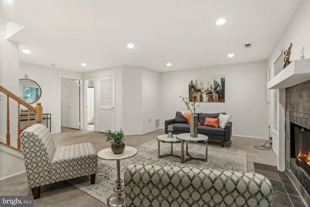 a living room with furniture potted plant and a fireplace