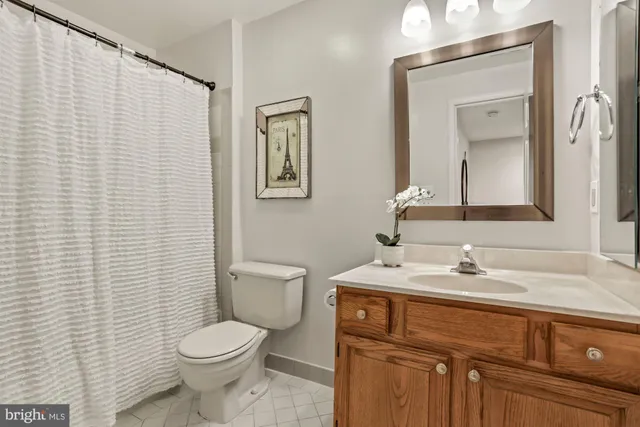 a bathroom with a toilet sink vanity and mirror