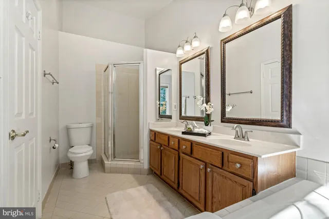 a bathroom with a double vanity sink and mirror with toilet