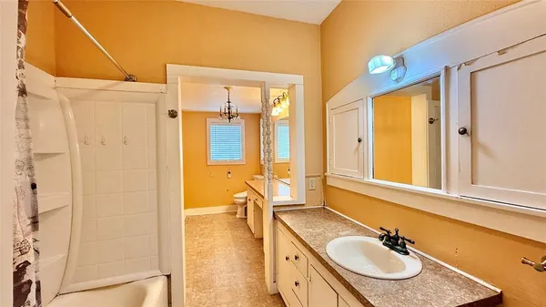 a bathroom with a sink a mirror and a shower
