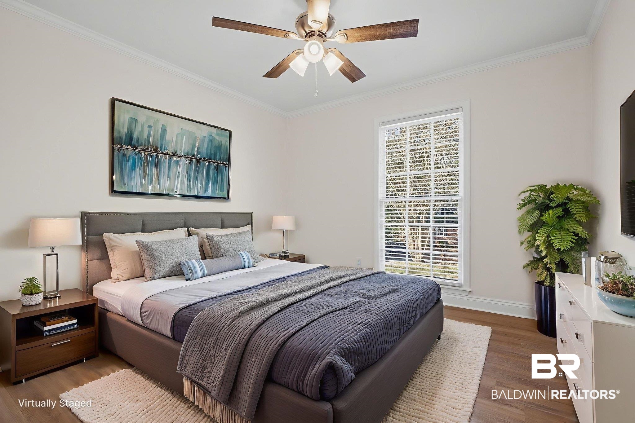 814 Nassau Drive Mobile, AL 36608 - Photo 21 of 44 Bedroom featuring wood finished floors, crown molding, and ceiling fan. AI Generated.