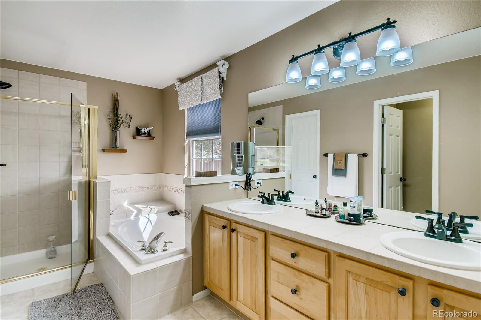 6214 Trailhead Road Highlands Ranch, CO 80130 - Photo 20 of 29 a bathroom with double vanity sink a mirror and a bathtub