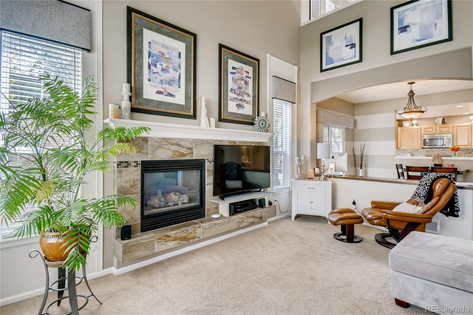 6214 Trailhead Road Highlands Ranch, CO 80130 - Photo 3 of 29 a living room with furniture a flat screen tv and a fireplace
