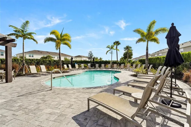 a view of a swimming pool with a patio
