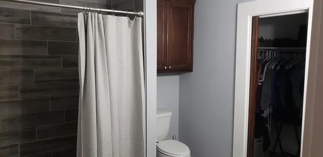 a bathroom with a shower and a toilet