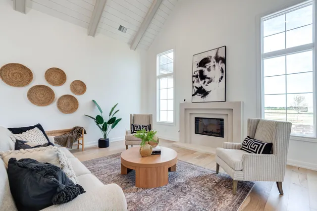 a living room with furniture and a potted plant