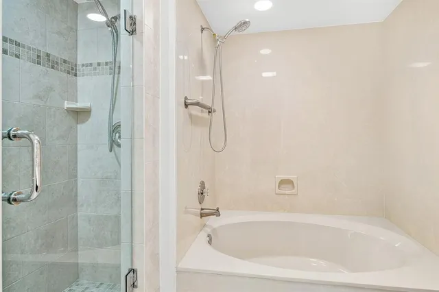 a bathroom with a bathtub and shower