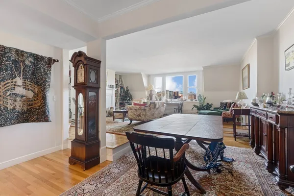 a view of a dining room with furniture