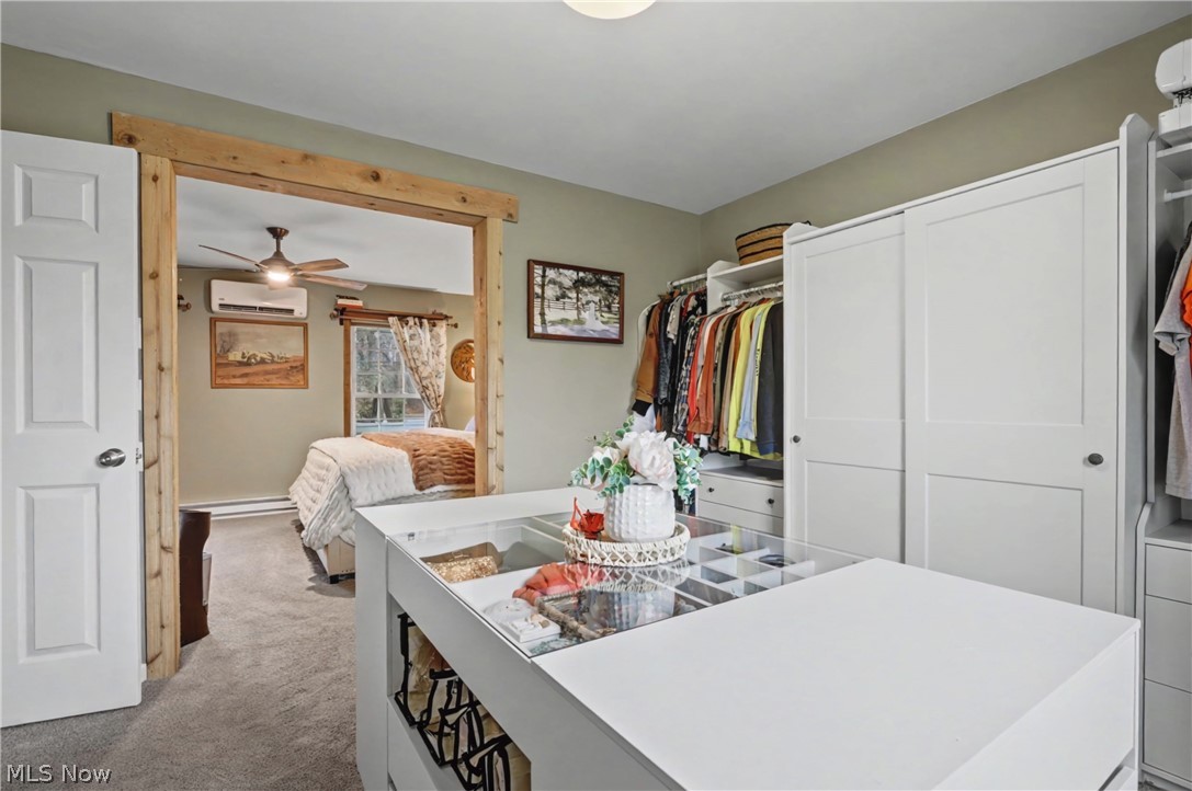 4556 Rootstown Road Ravenna, OH 44266 - Photo 25 of 50 Walk in closet featuring light colored carpet, baseboard heating, and a ceiling fan