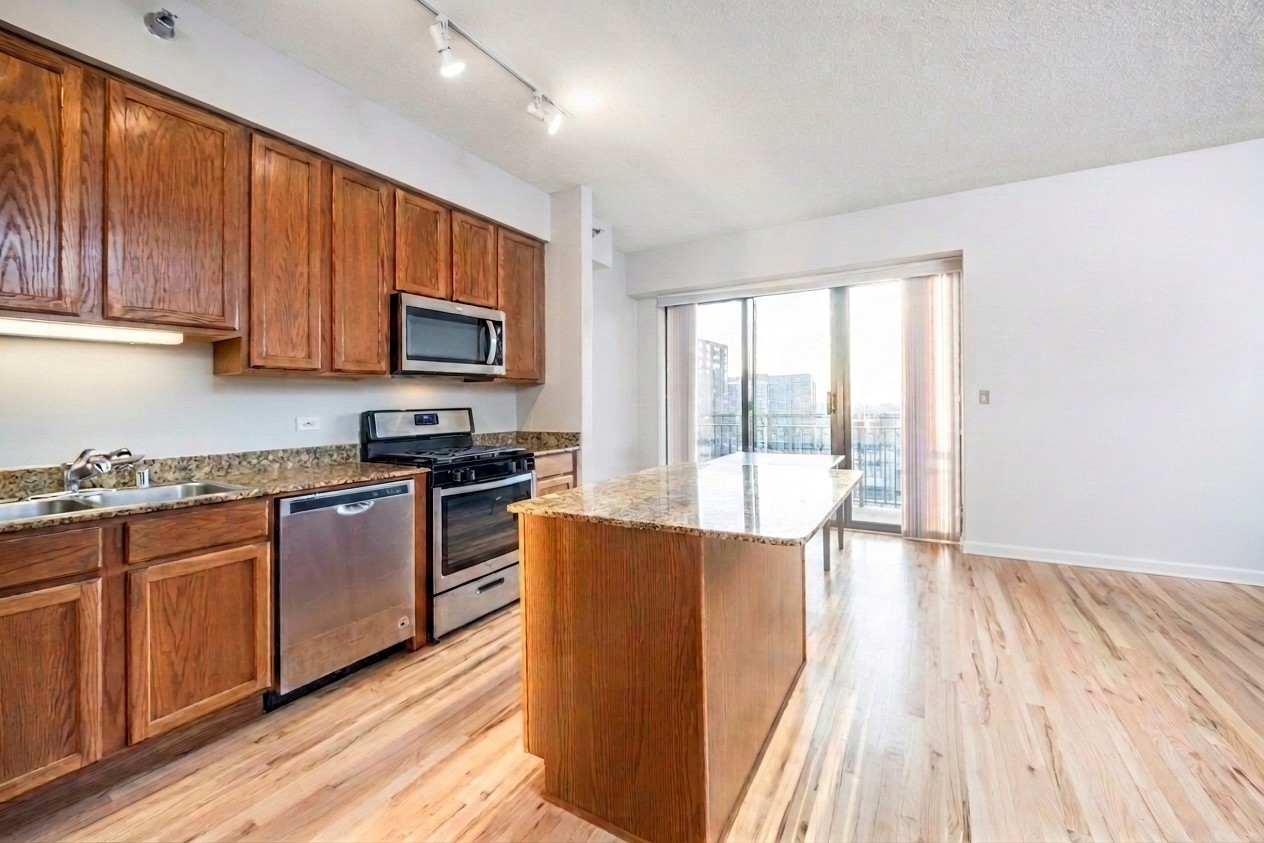 41 East 8th Street, Unit 1805 Chicago, IL 60605 - Photo 3 of 33 a kitchen with stainless steel appliances granite countertop a stove a sink dishwasher and a microwave oven with wooden floor