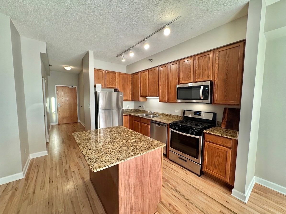 41 East 8th Street, Unit 1805 Chicago, IL 60605 - Photo 8 of 33 a kitchen with stainless steel appliances granite countertop a stove a sink dishwasher a refrigerator and a microwave oven with wooden floor