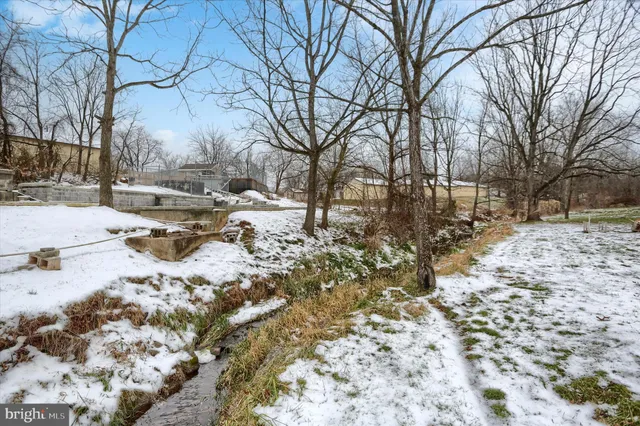 a backyard of a house with large trees and covered with snow