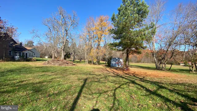 a backyard of a building with large trees